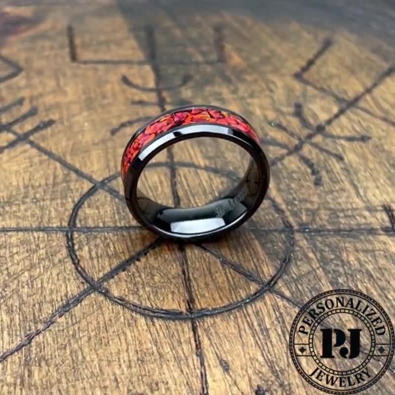 His & Hers Wedding Ring Set- Black Ceramic Ring Set with Red Fire Opal & Glowstone Inlay - 8mm & 6mm Rings - Sizes 5-13 - Orth Custom Rings