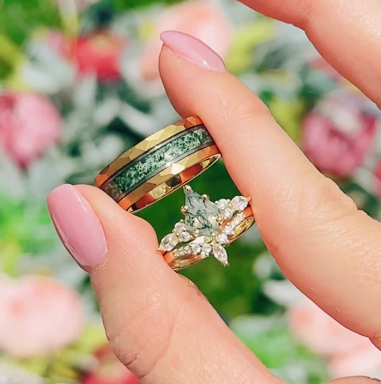 Vintage kite cut green moss agate engagement ring set 14k rose gold ma –  WILLWORK JEWELRY