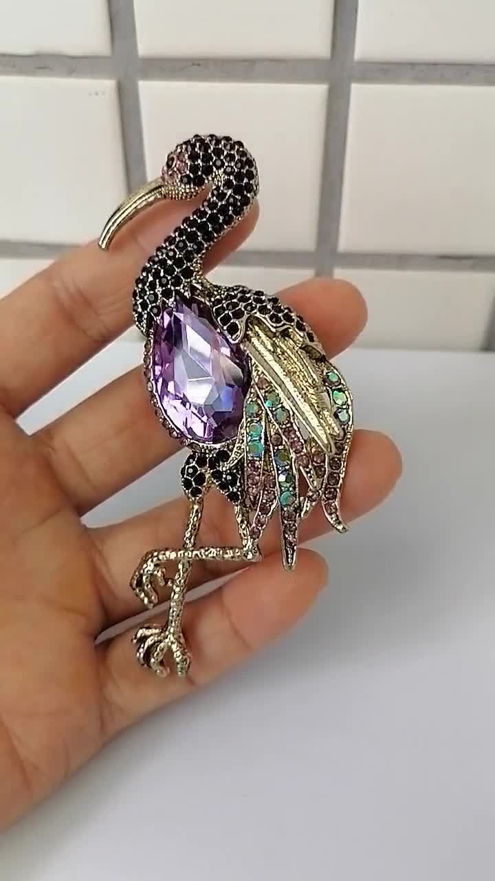 Flamingo Rhinestone Brooch Pin - Pink Crystal Bird Animal Brooch, 3.94 Inch With Gift Box
