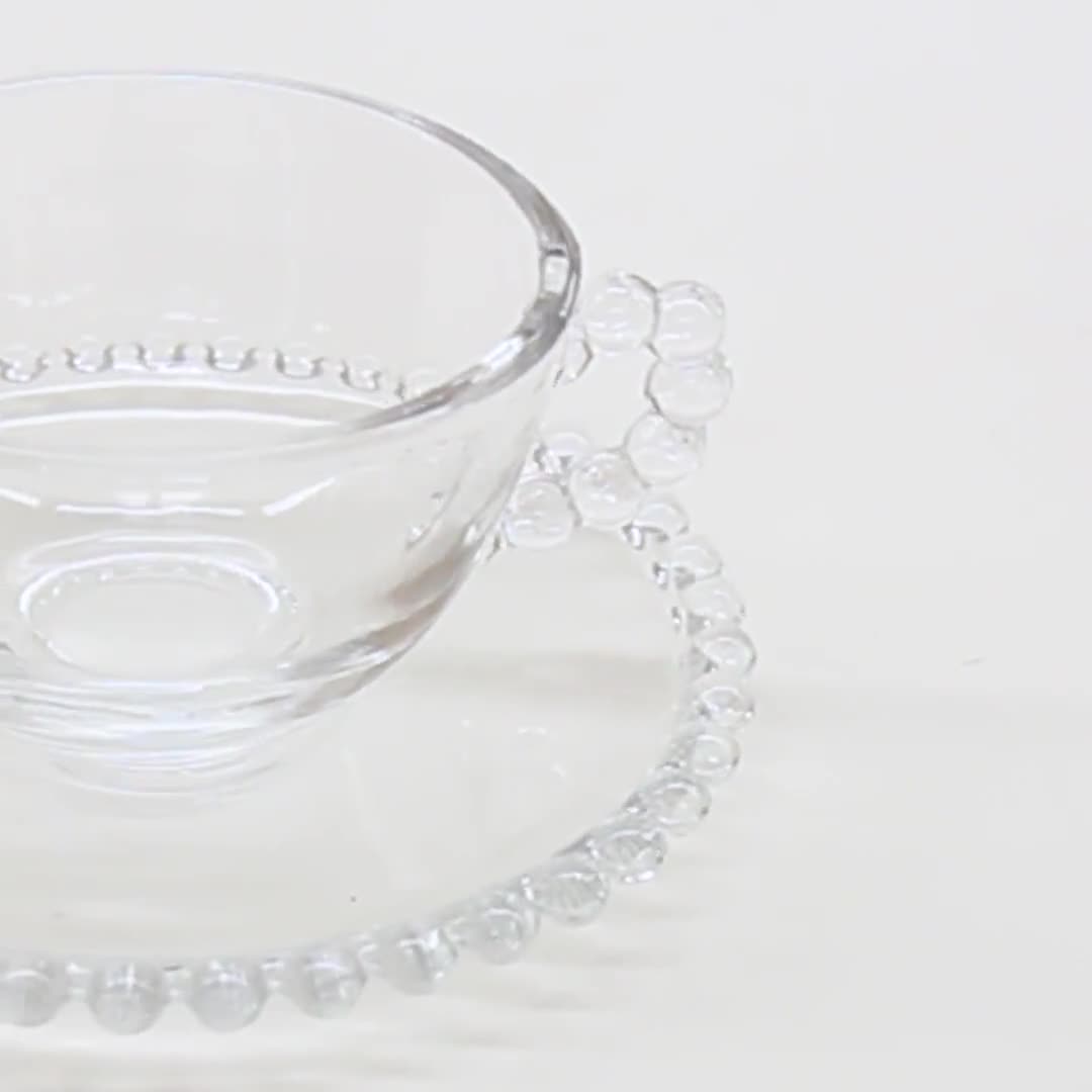 Set of 4 Vintage Style Glass Tea Coffee Cups & Saucers Clear Beaded Edge  Finish Afternoon Tea Glassware Set 