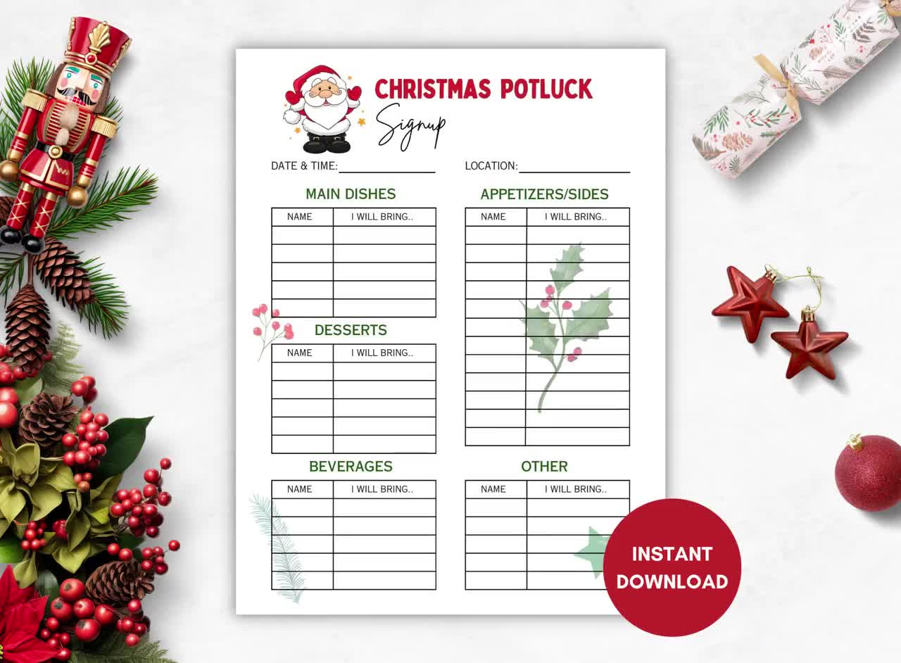 Christmas Potluck Signup Sheet, Printable Holiday Potluck, Family Feast Planner, Christmas Party Food Sign up Form, Digital Download - Etsy for Free Printable Christmas Potluck Sign Up Sheet Pdf
