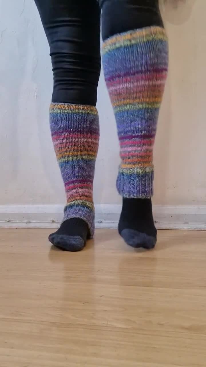 Hand Knit Dotty Stripe Leg Warmers, 100% Wool, Fair Trade Unlined Legwarmers,  Knee High Boot Toppers, Bright Hearts Colourful Soft Stripy 