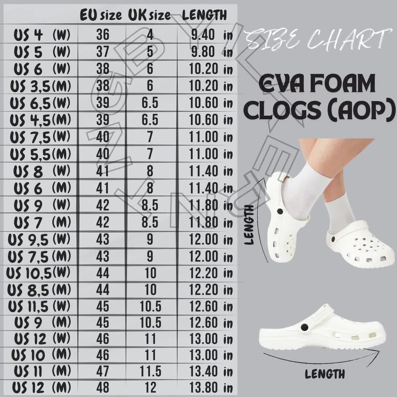 EVA Foam Clogs Size Chart I Clogs Mockup and Size Guide I EVA Foam