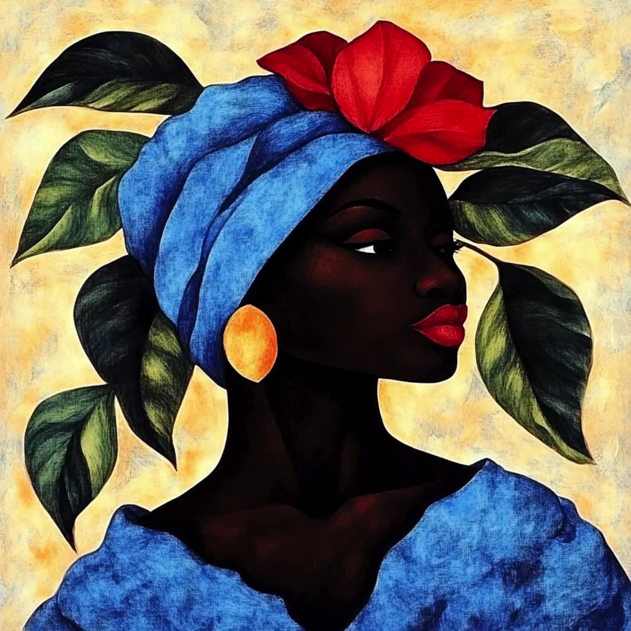 女性の肖像 版画 限定版 79/100 15 黒人女性の肖像画デジタルアート、大きな正方形のアートワーク