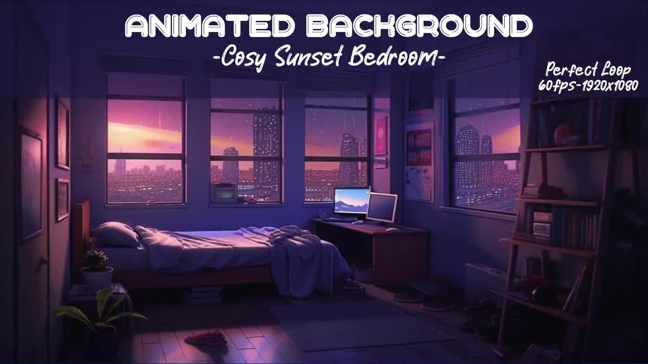 Vtuber Background Animated Cosy Lofi Bedroom Purple Looped 