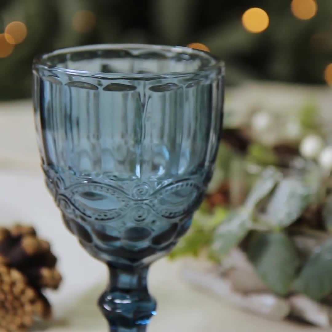 Set of Four Coloured Embossed Wine Goblets Vintage Style Relief Wine  Glasses Dishwasher Safe Glassware 