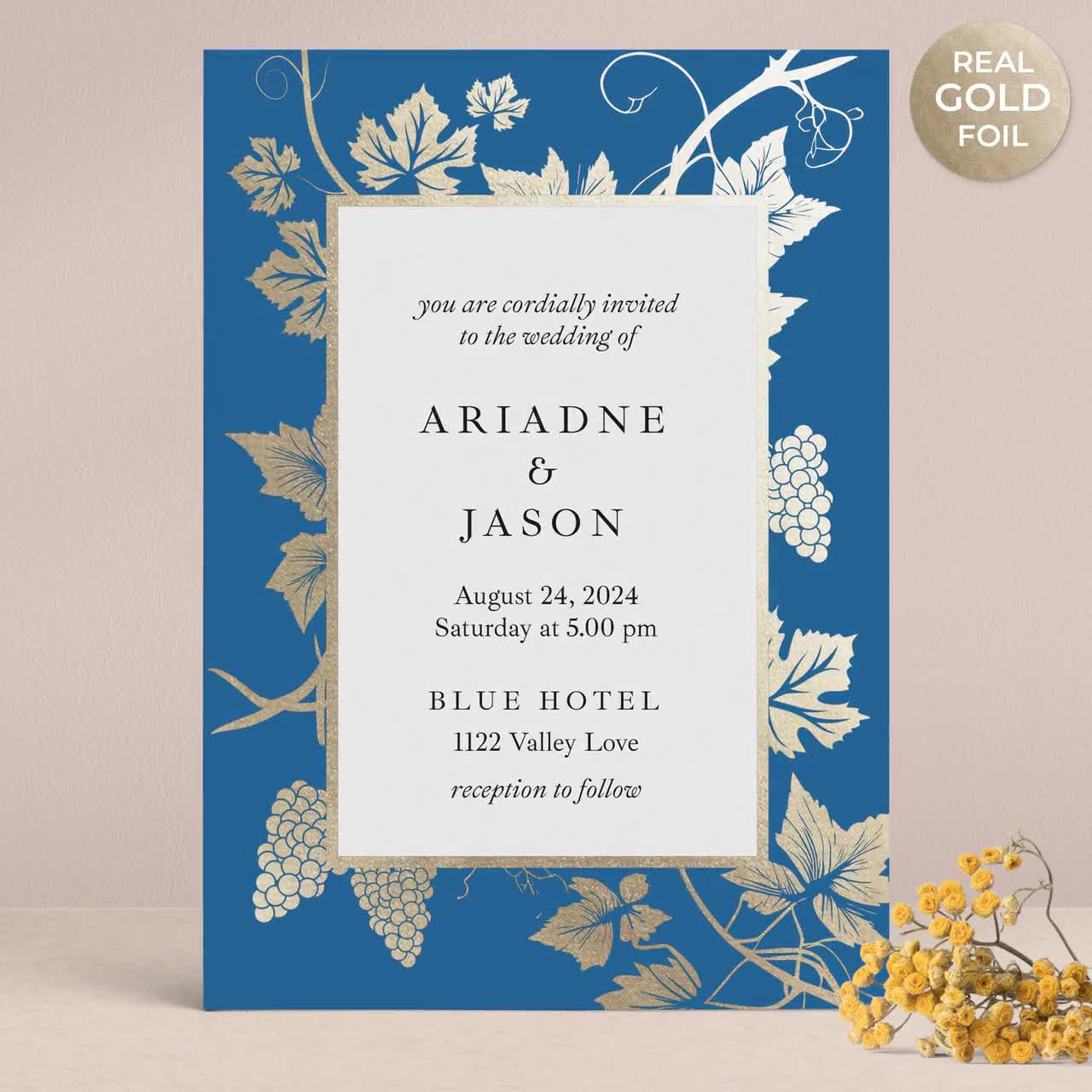 Personalized Blue and Gold Foil Winery Wedding Invitations