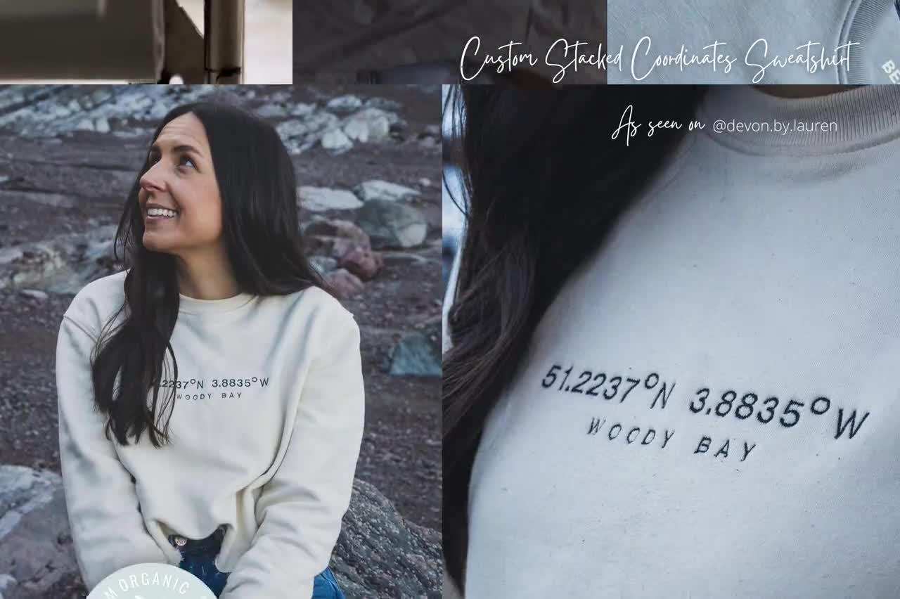 Custom Location retail Coordinates Cropped Embroidered Sweatshirt - personalised, Christmas gift, crewneck, best travel gift, sustainable, birthday