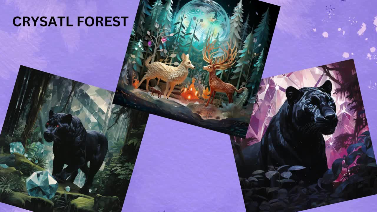 12 Crystal Forest, digital download Clipart Sublimation PNG upscaled image to v 6.0 commercial use, deer , panther, white tiger, buck, cub video poster