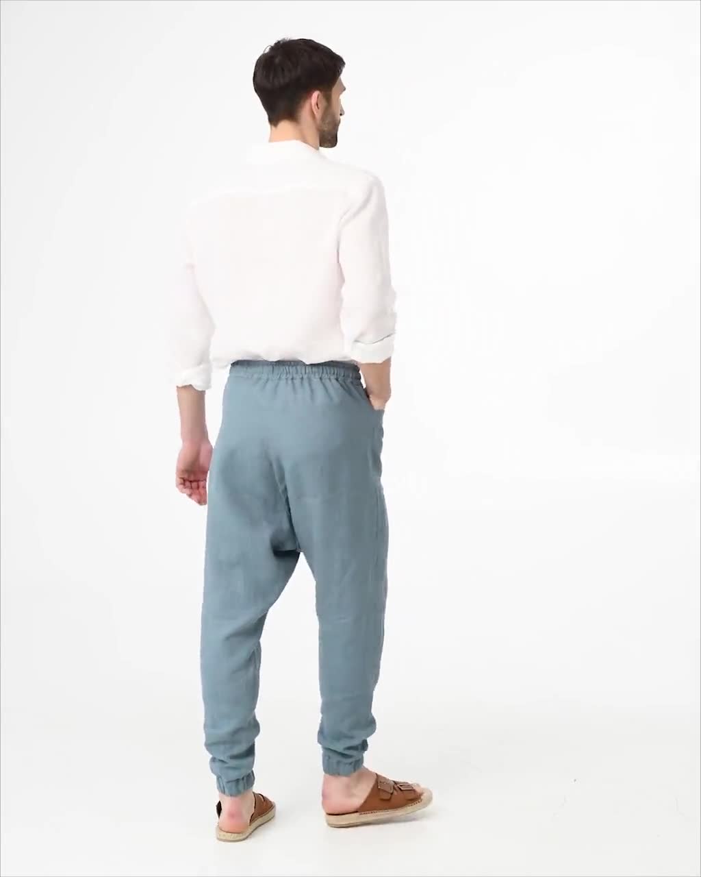 Men Linen Drop Low Crotch Harem Pants Tapered Loose Baggy Trouser Joggers  Casual