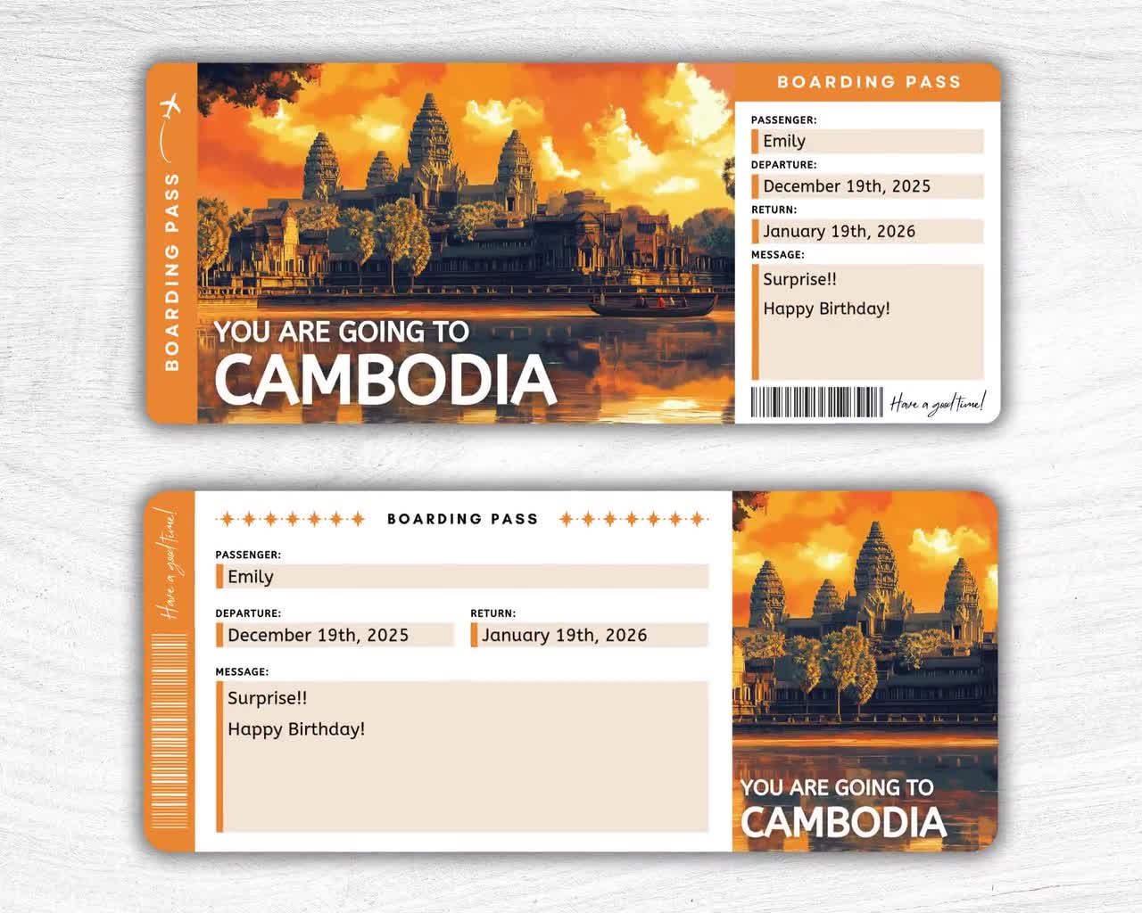ソンチャン BOARDING PASS トレカ Printable Cambodia Surprise Gift Ticket, Editable Phnom Penh