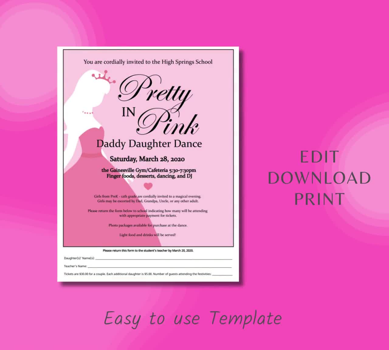 Pretty in Pink Father Daughter Dance Printable Package - Flyer, Tickets,  Poster Template, Daddy - Daughter Dance