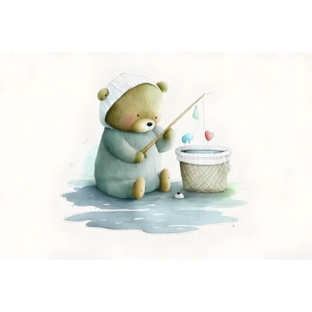 Cute Bear Fishing Watercolor Clipart 