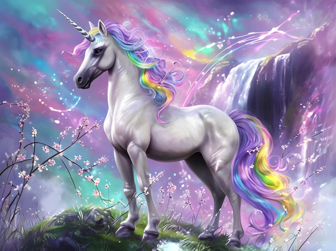 Unicorn Canvas Art, Rainbow Mane, Cherry Blossom Waterfall
