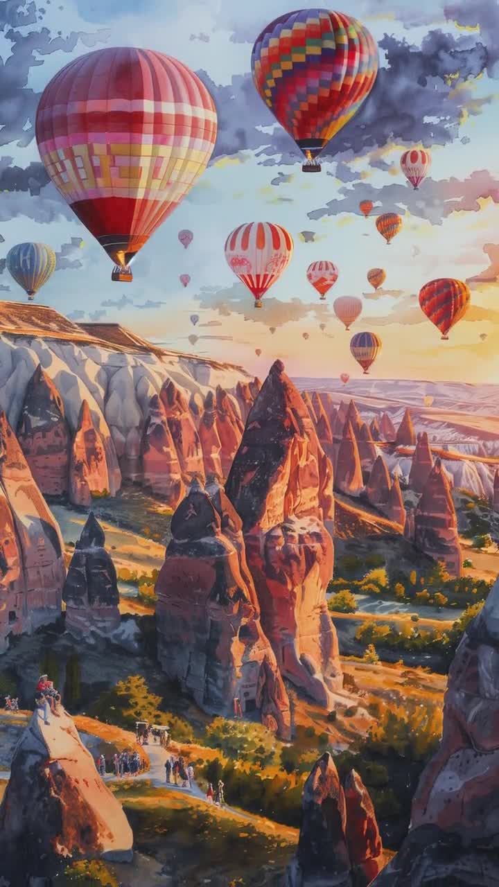 水彩画 カッパドキア 熱気球 プリント：トルコ旅行アート（デジタル