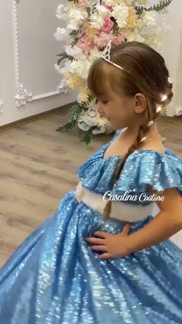 Elsa Dress Sequin. Princess Elsa dress with shiny sequin fabric. Fluffy  frozen Elsa baby girl dress with long skirt and cape. Elsa dress