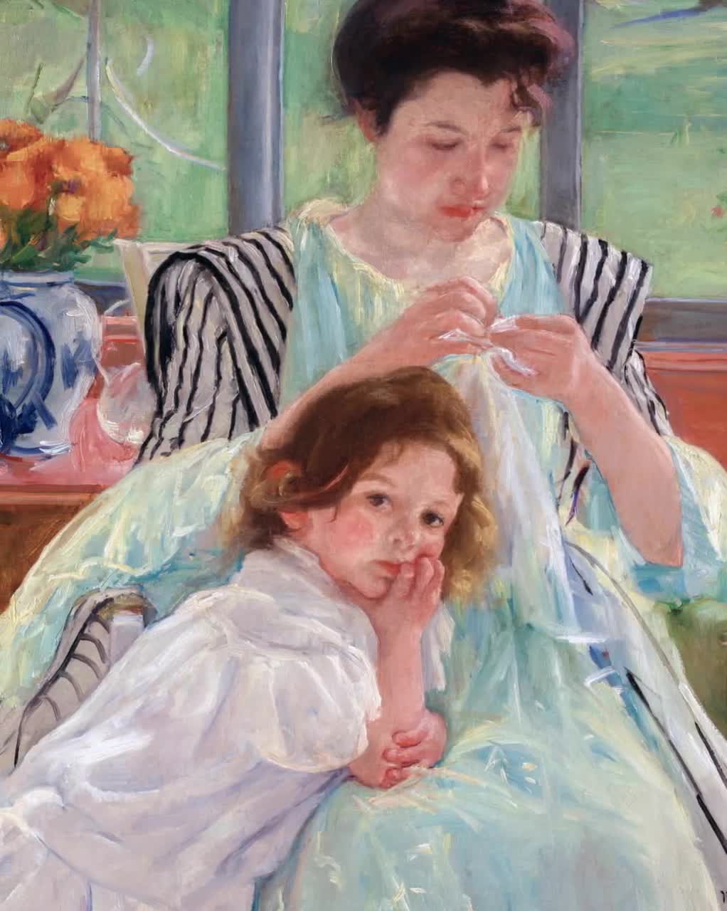 若い母親が裁縫をするメアリー・カサットのプリント - 母と娘のポート