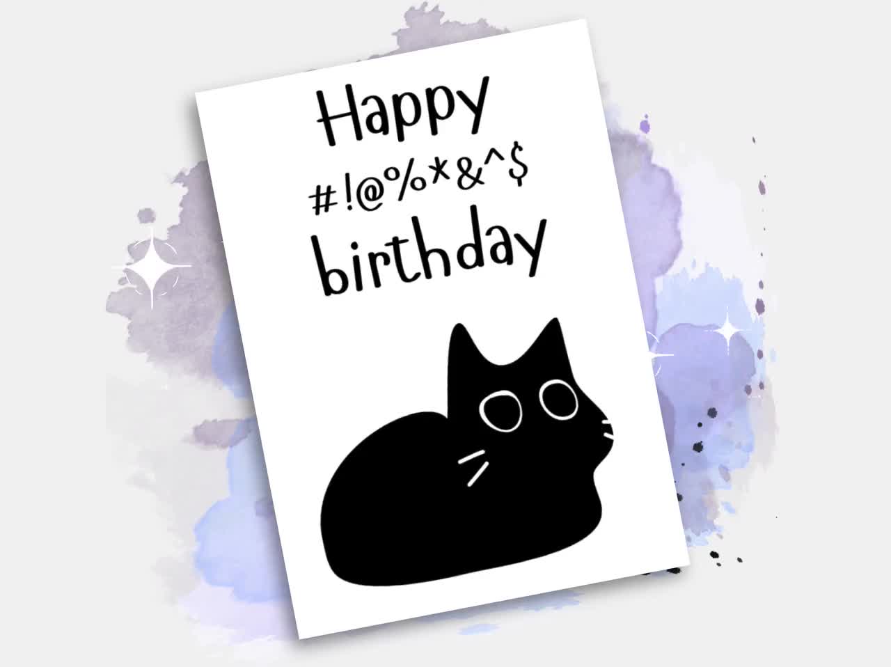 Biglietto Auguri Compleanno Gatto Nero Acquerello 145x145mm - Fatto A Mano In UK Con Busta