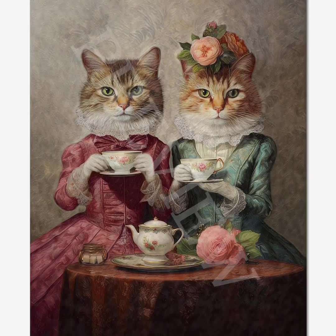 Cat Tea Party Art Print // Vintage Painting Style Poster of Kitty