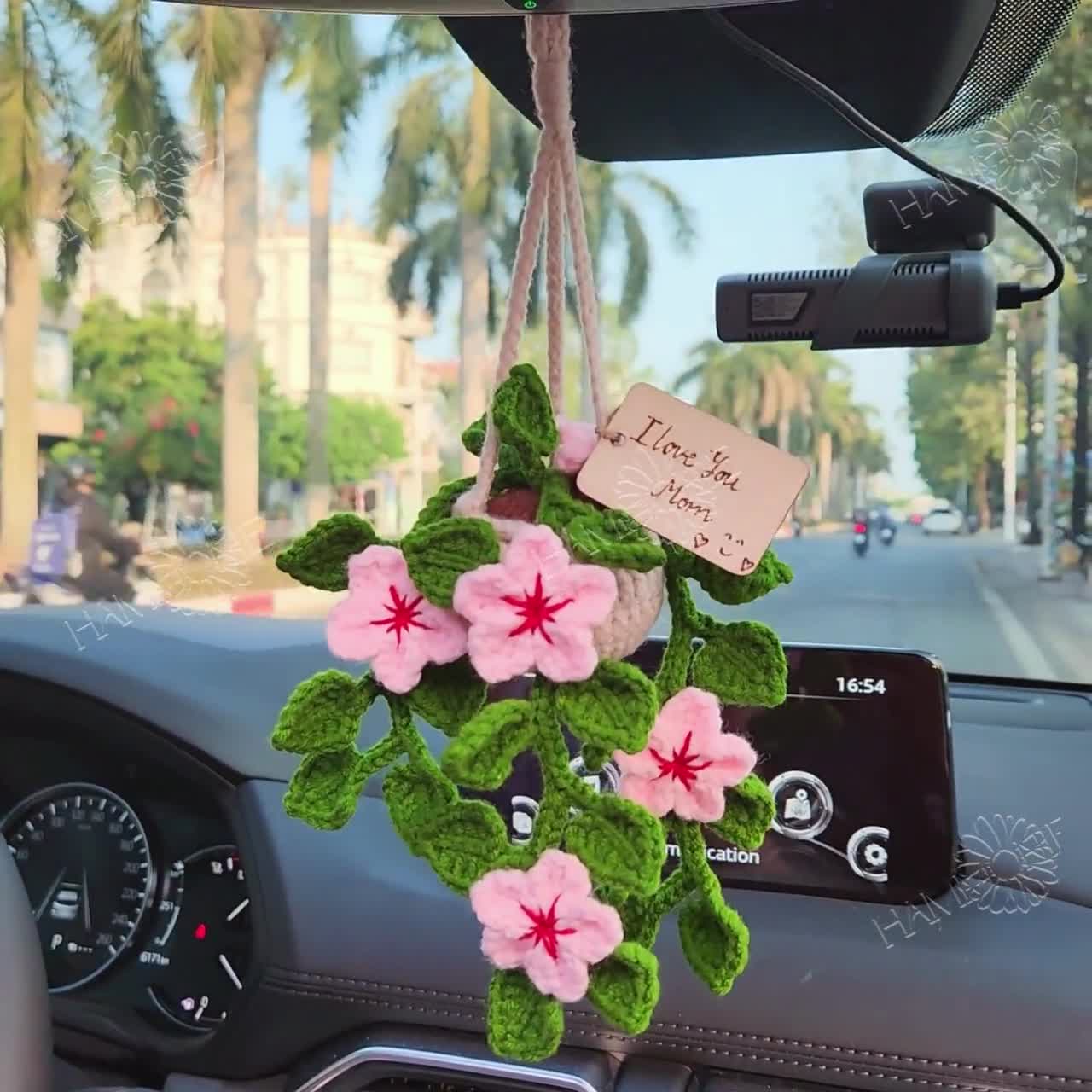 Crochet Cherry Blossom Car Hanging, Handmade Plant Decor, Car
