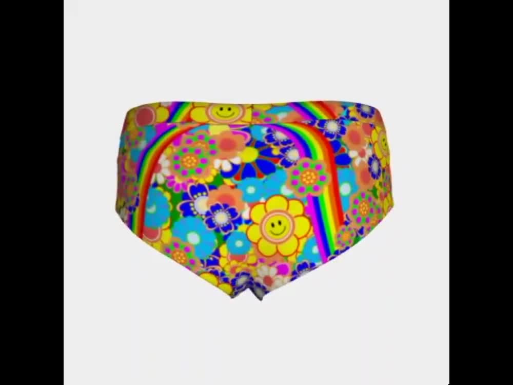 Womens Cheeky Briefs Retro Vintage 1970s Style Flower Power Smiley
