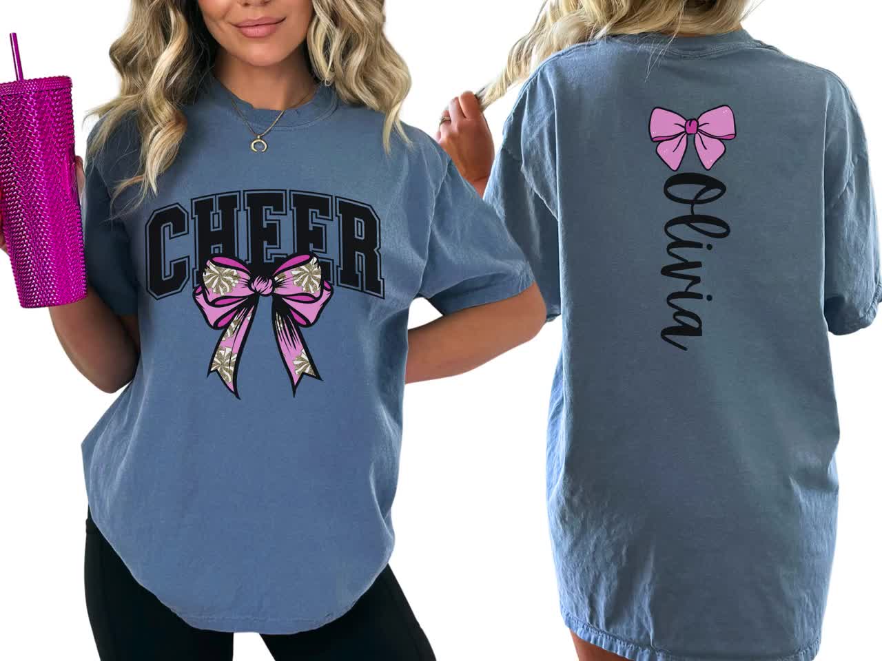 Cheer Mom Blue Shirt high quality Large Name on Back