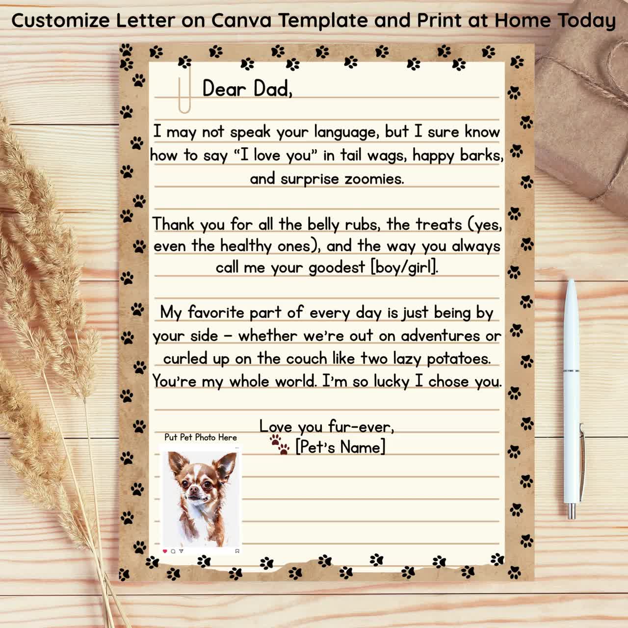 Lettera per la festa del papà con ritratto personalizzato di un animale domestico (modello Canva) video poster