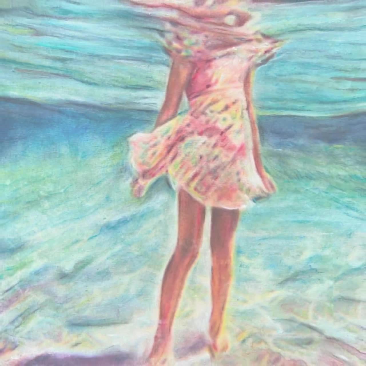 ネオンピンクの水中絵画、オリジナルのスイマーアートワーク、鮮やかな