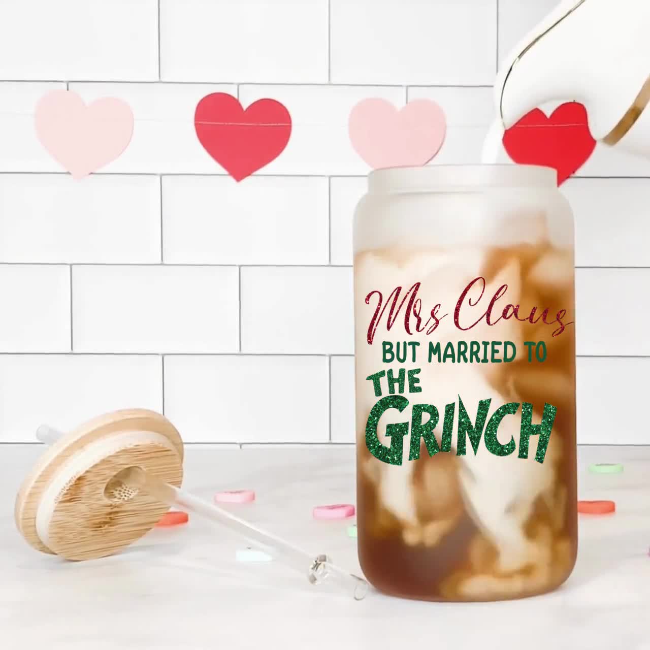 16 oz Mrs. Claus but Married to the Grinch Frosted Tumbler with Lid and  Straw