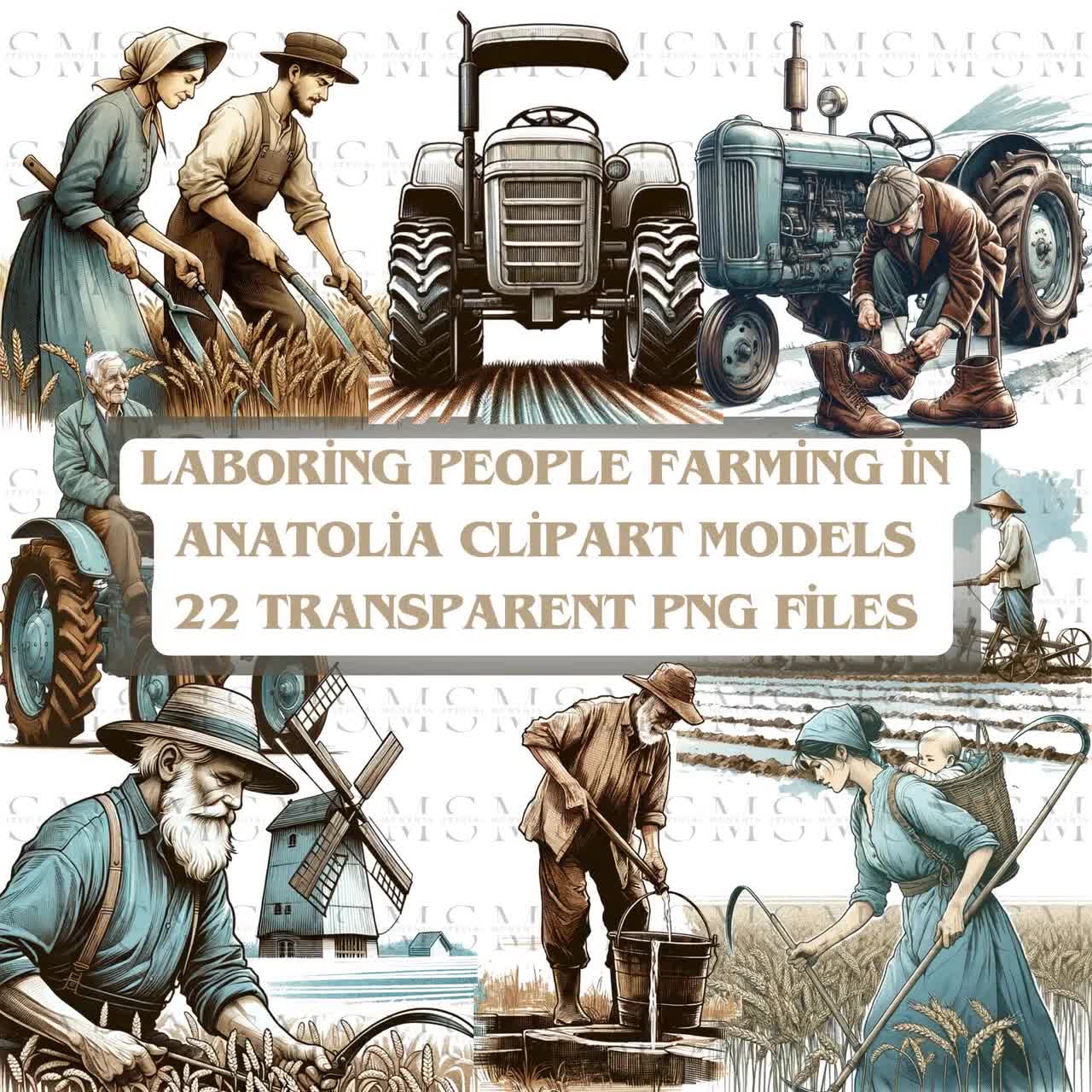 Laboring people farming in Anatolia Clipart,Tractor,Woman harvesting  crops,Old Man,Anatolia,Natural life,Instant Download for Commercial Use