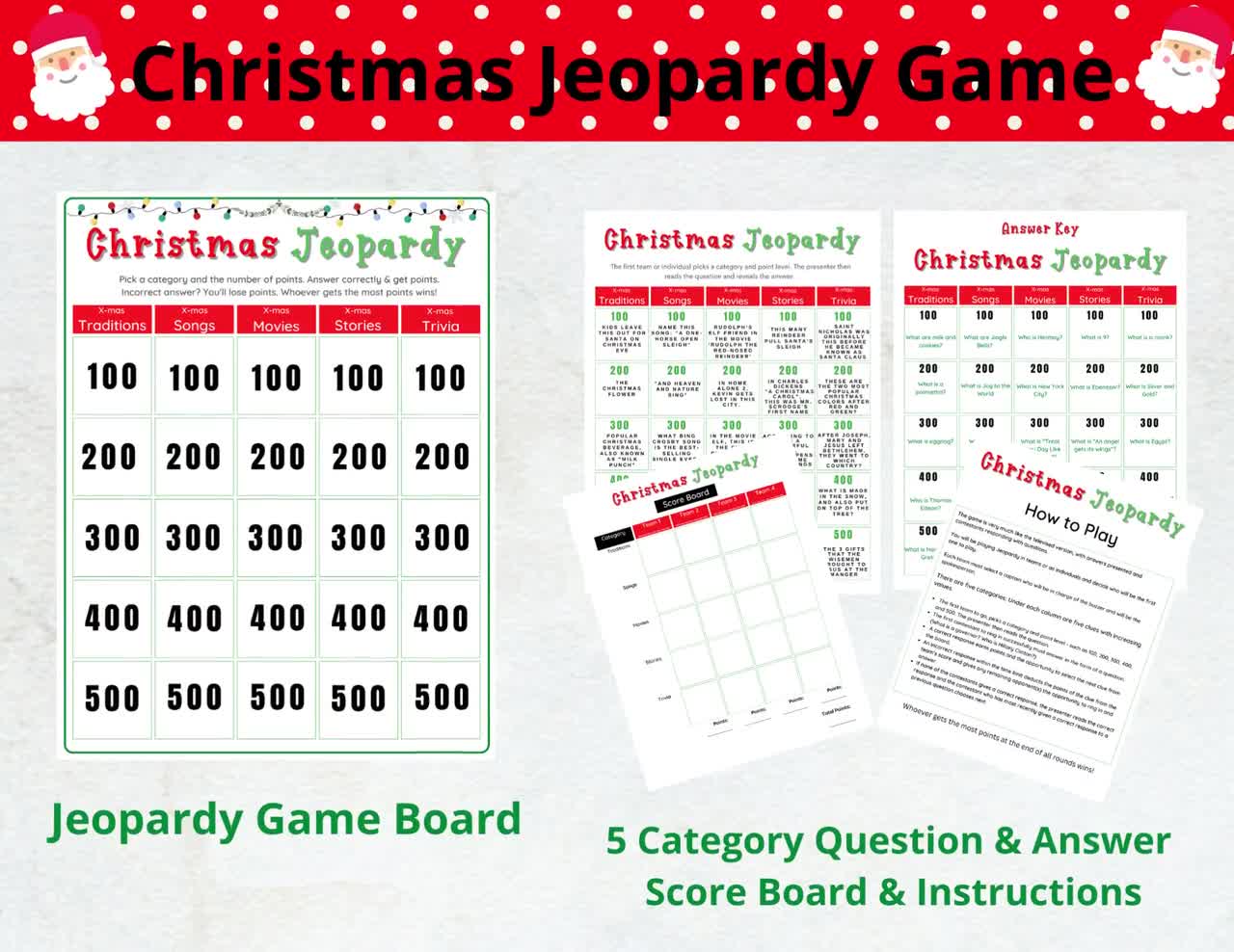 Christmas Jeopardy Game: Fun Holiday Party Trivia (printable PDF) - Etsy Israel for Free Printable Christmas Jeopardy Game