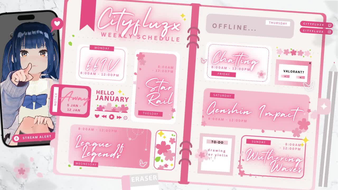 Twitch スケジュール ジャーナル ピンク ブロッサム | DIY 用 CANVA