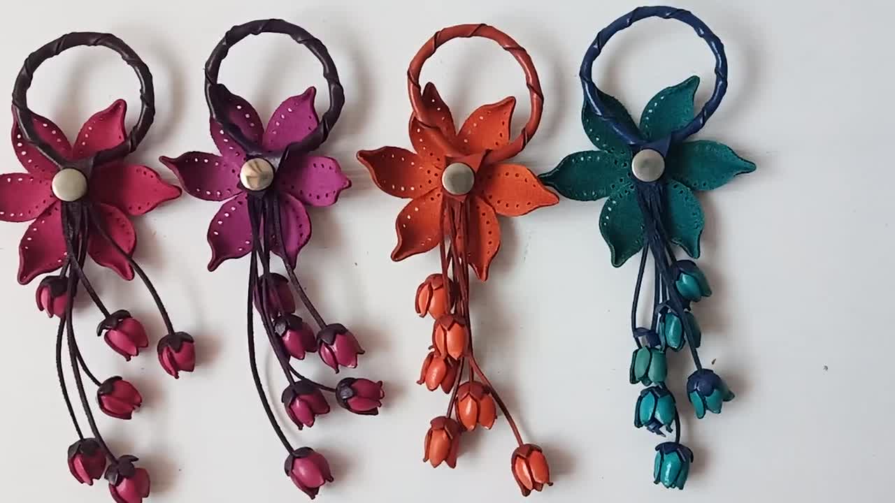 Portachiavi In Vera Pelle A Forma Di Fiore - Accessorio Boho Per Borsa E Chiavi - 3