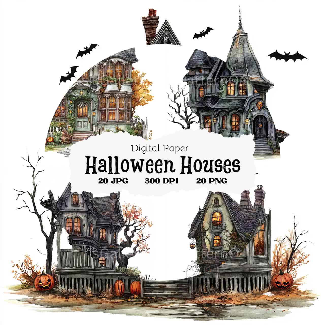 20 Halloween House Clipart, Halloween Pumpkin Clip Art, Halloween Clipart,  Watercolor Images, Bundle, High Quality JPGs, #160, image size:1280x1280