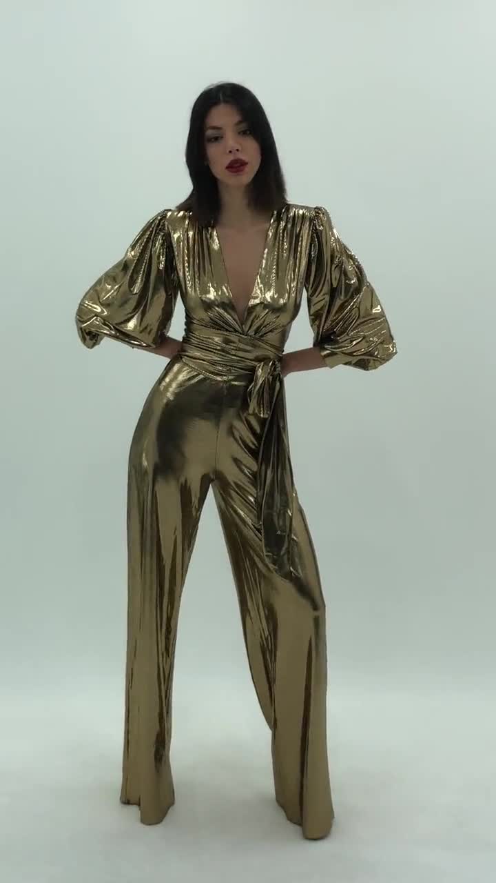 gold jumpsuit fancy dress Gold Wide Leg Jumpsuit, Studio 54 Outfit, 70s Disco Party Costume, Metallic Evening Birthday Dress