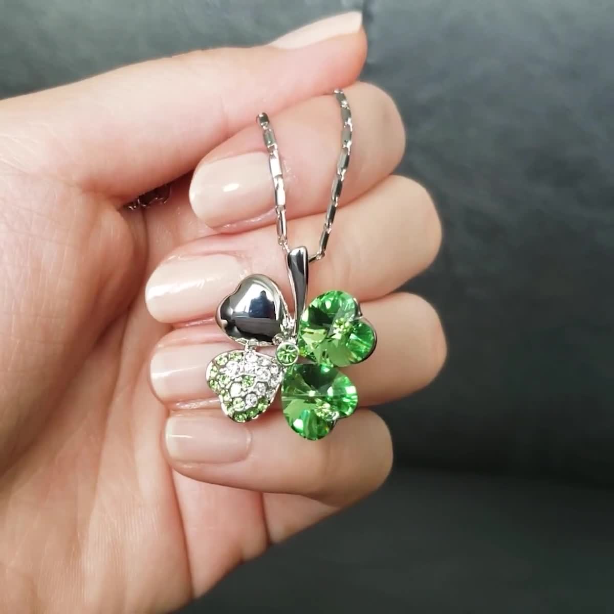 Green Four Leaf Clover Necklace, Swarovski Crystals, Womens Silver Necklace,  St. Patrick's Day Jewelry, Good Luck Pendant, Jewelry Gift 