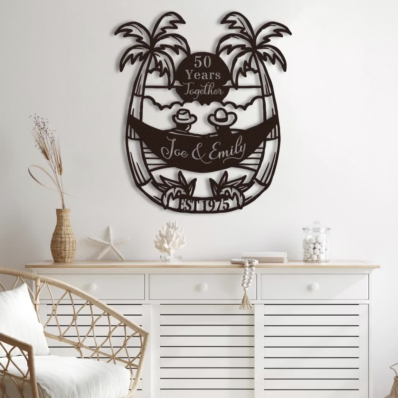 50th Anniversary Gift for Parents, 50 Years Together Tropical Beach Sunset Metal Name Sign Wall Art, Wedding Anniversary Gift for Couple video poster