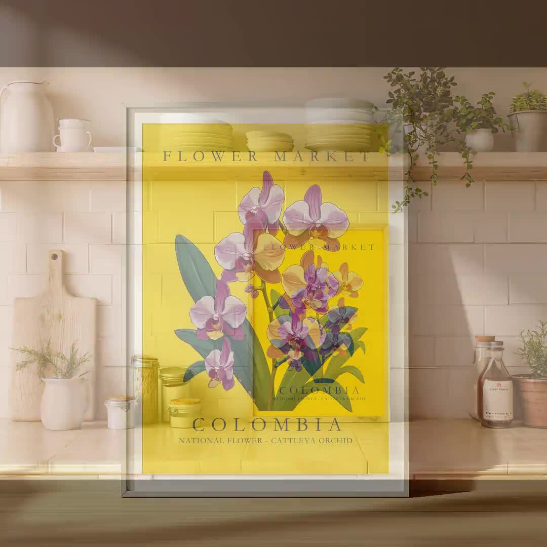 Colombia National Flower Market Poster, Cattleya Orchid Wall Art, Botanical  Floral Print, Bold Latin American Decor, image size:1080x1080