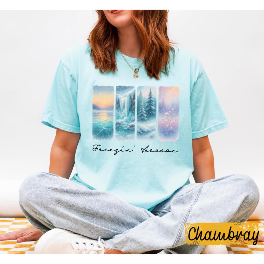 Camiseta "Temporada Helada", Camiseta "Naturaleza Invernal" de Comfort Colors, Estampado de Lago Congelado, Cascada y Bosque, Camiseta Azul Acogedora de Vaqueros, Regalo de Invierno video poster