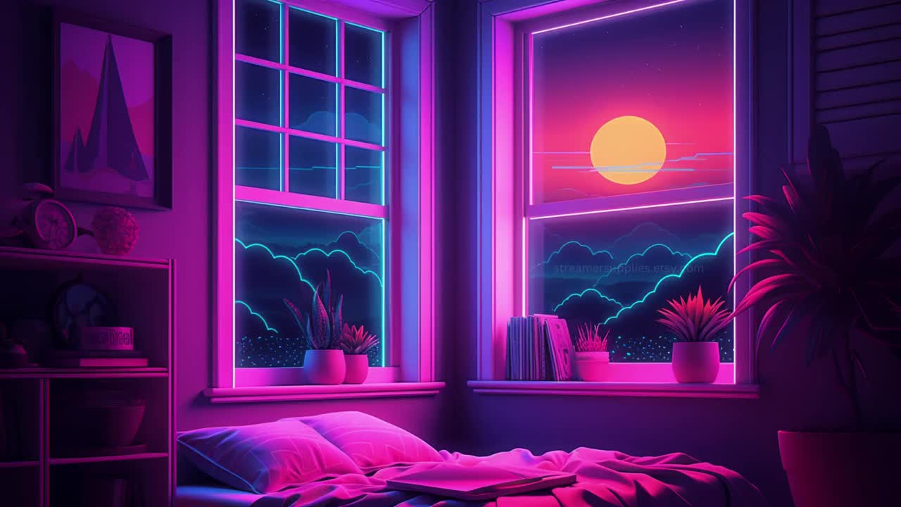 Vtuber Background Animated Cosy Lofi Bedroom Purple Looped 