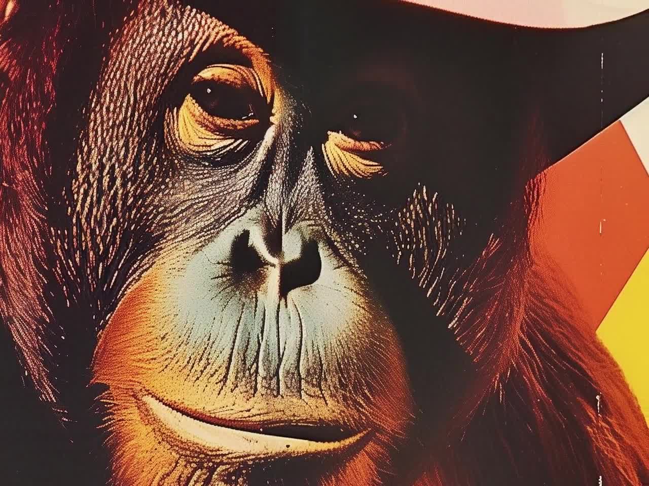 Wise Orangutan With Cowboy Hat - Original Mid-century Modern