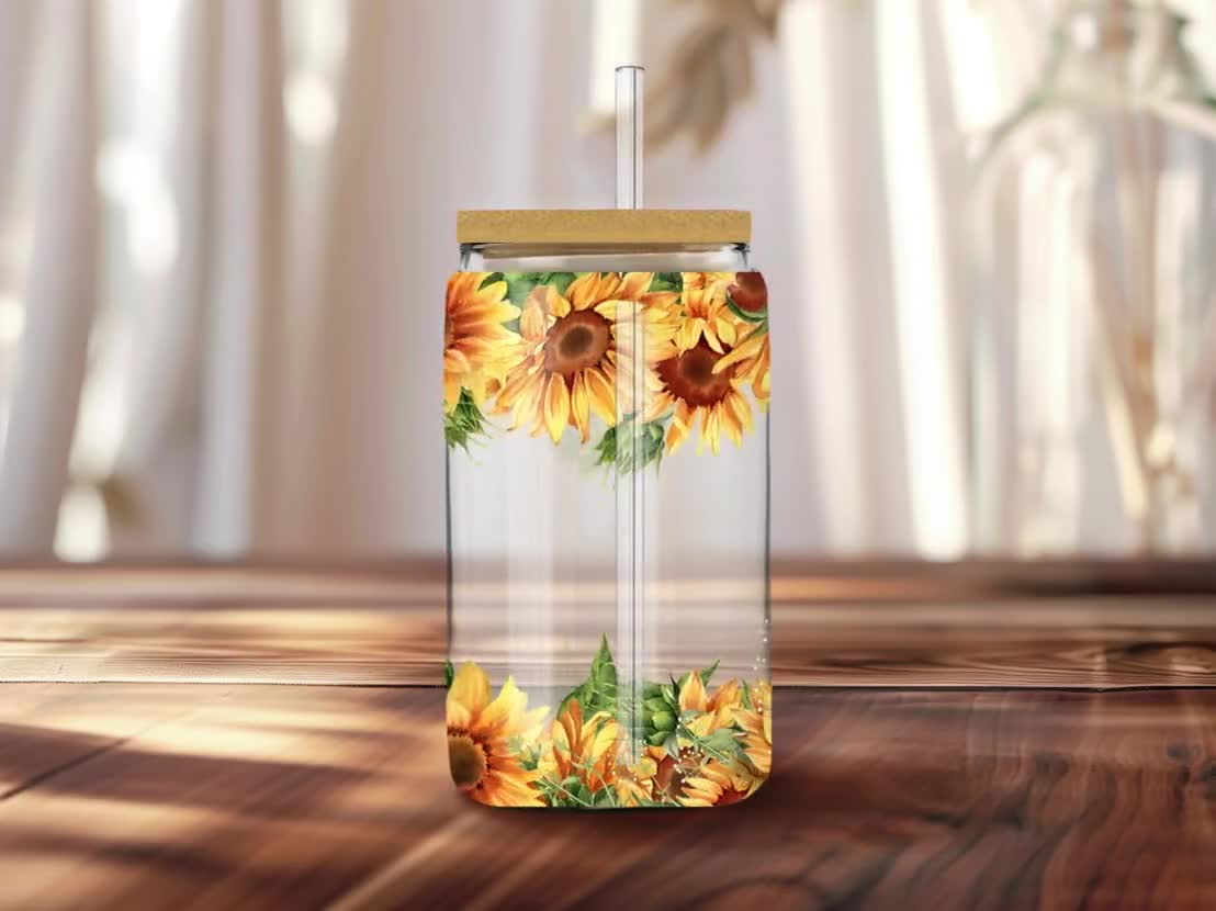 ひまわりのガラス缶ラップ：花柄昇華デザイン（デジタルダウンロード