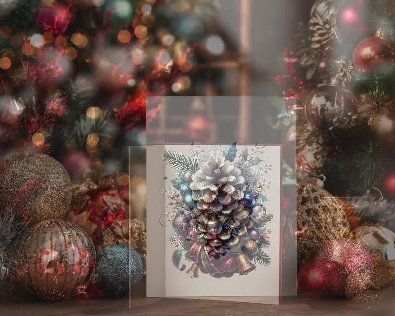 水彩画風松ぼっくりクリップアート：クリスマス植物画（デジタル