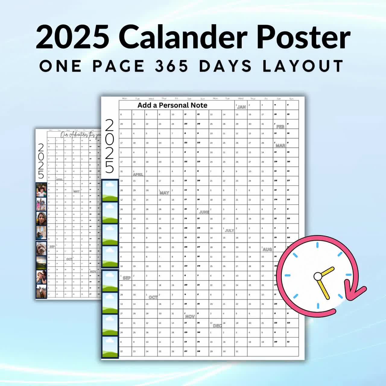 2025 Year Calendar Printable, 365 Days, Digital Download
