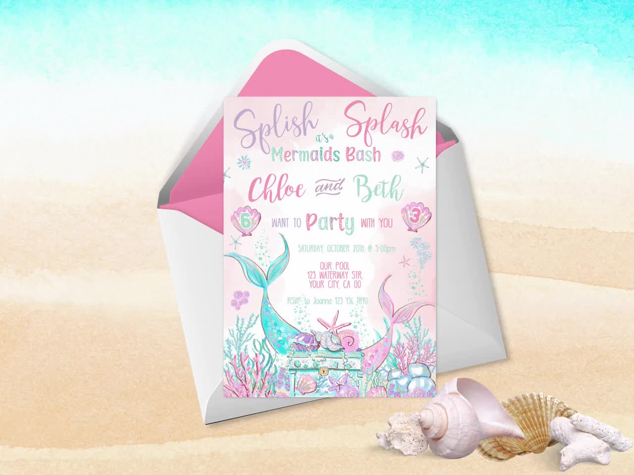 Paper Clever Party Mermaid Party Invitations with Lilac Envelopes (Pack of 15) Enchanting Celebrations