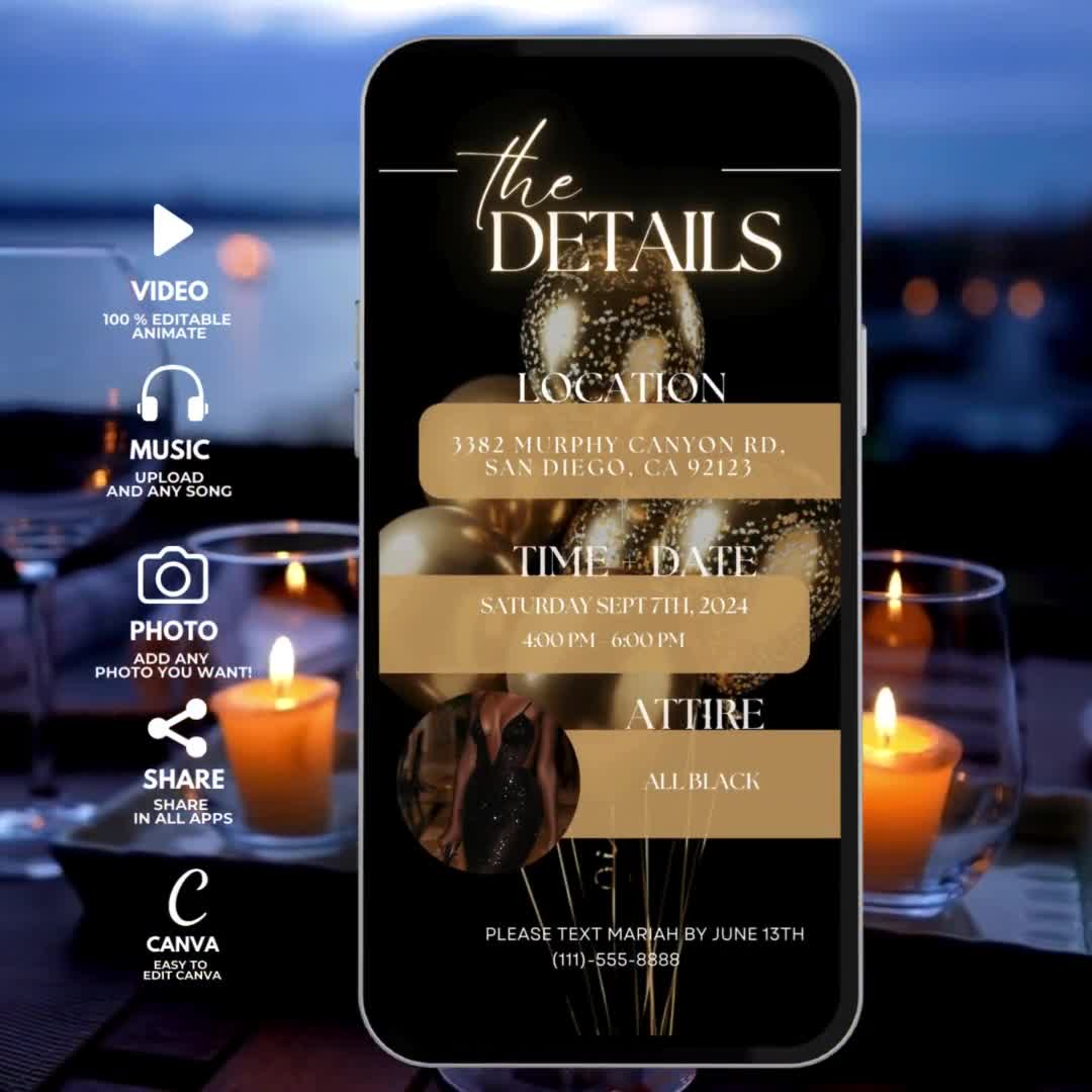 Gold Birthday Dinner Invitation, Digital Birthday Party Invite, Editable  Template, Balloons Birthday Celebration, Text Evite, image size:1080x1080