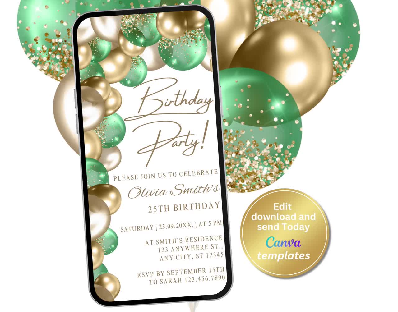 Invito alla festa di compleanno in oro nero bianco digitale, messaggio di  testo telefonico Evita, modello modificabile, download istantaneo -   Italia