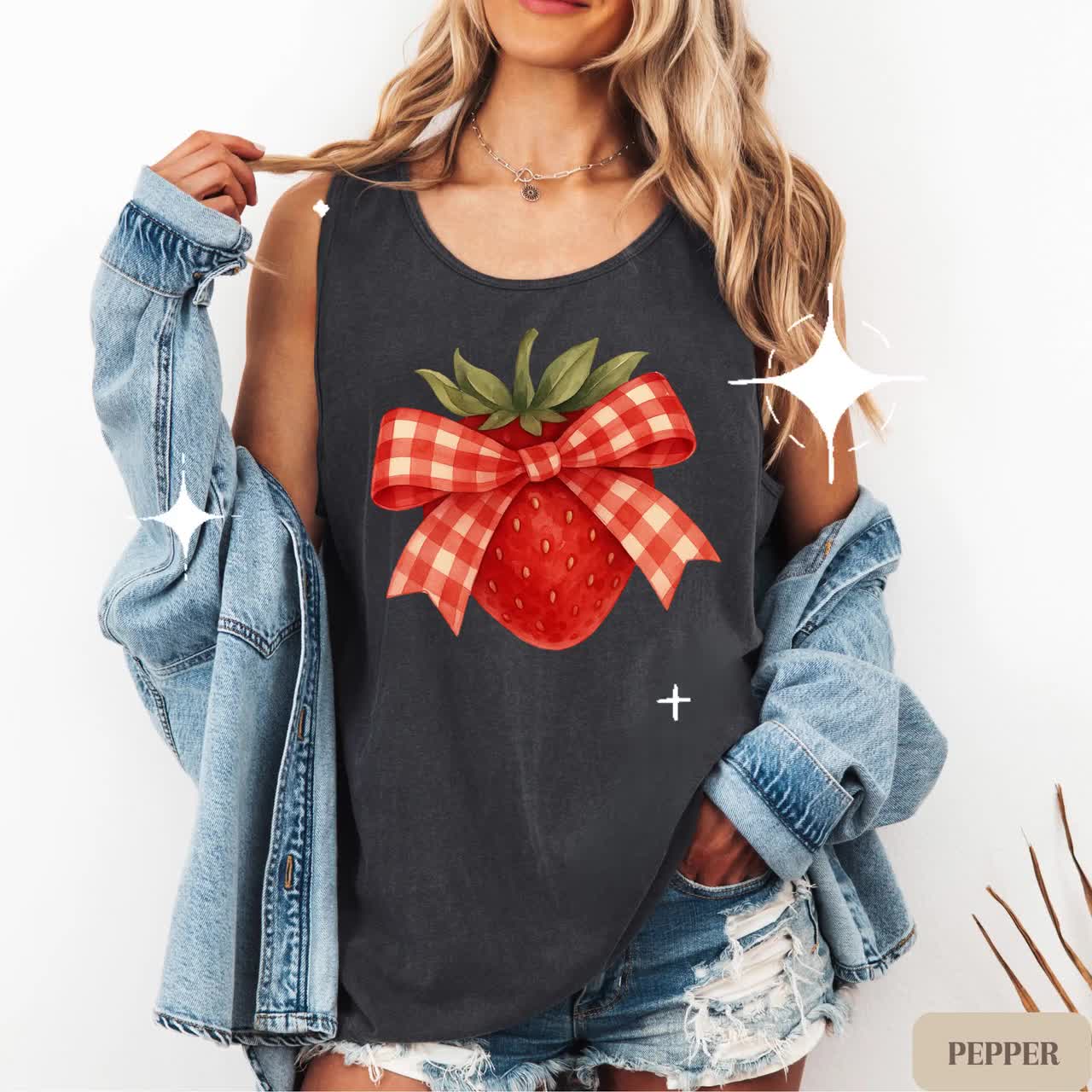 Gingham Strawberry Tank Top, Retro Fruit Graphic Shirt