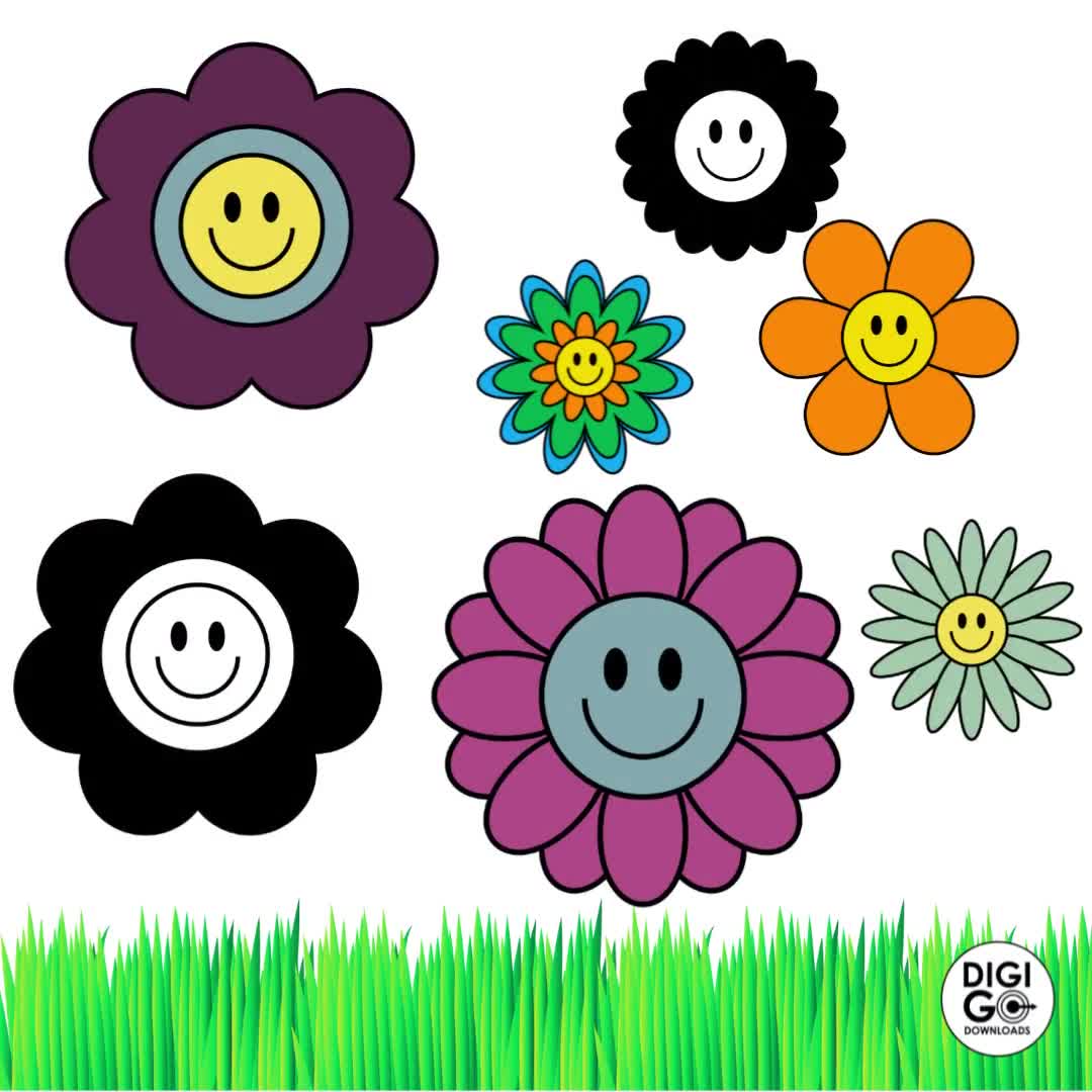 Cute retro groovy flowers with cartoon smiley face stickers