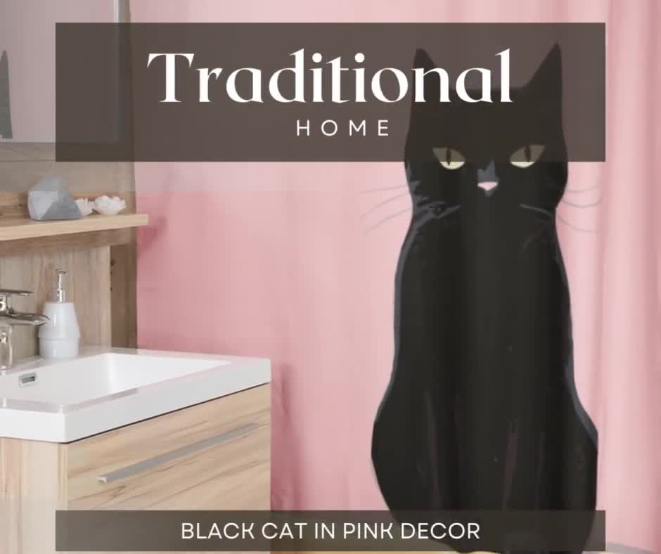 Cat Pattern Shower Curtain - Cute Black Cat Design Bathroom Decor, Waterproof Polyester 72x72 Inches With Hooks